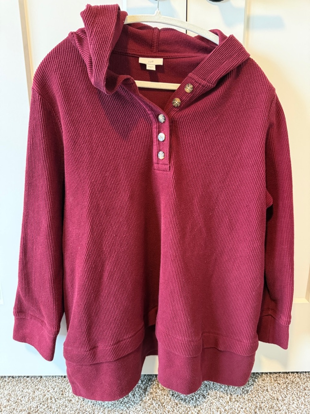 J. Jill Ribbed Hooded Henley Pullover - Berry